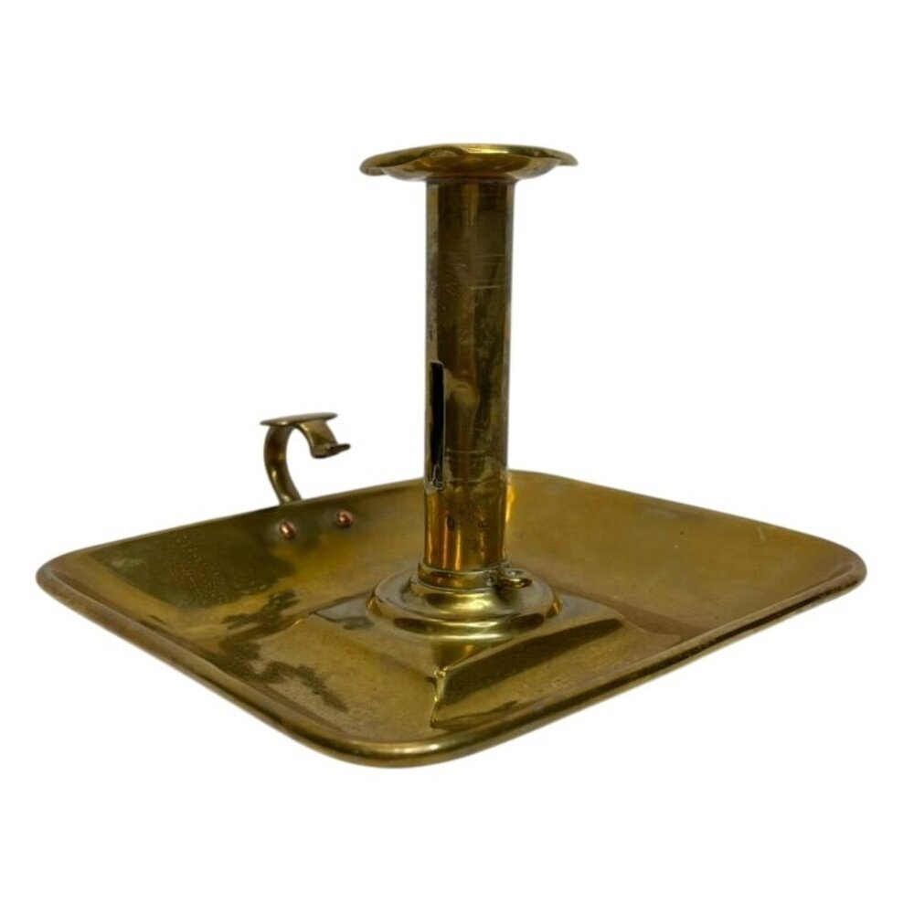 Antique 19th Century Brass Chamberstick Candle Holder Handled Drip Tray Push Up